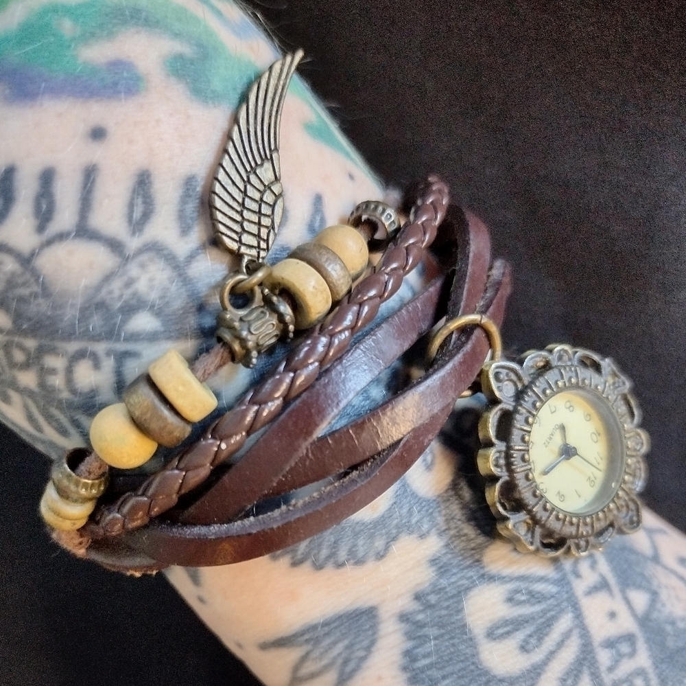Vintage Boho Beaded Brown Leather Wrap Watch - Picture 3 of 9